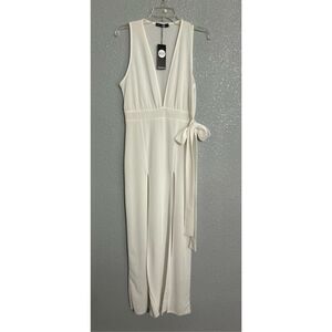White floor length dress NWT Plunge neckline Double front splits Side tie Empire